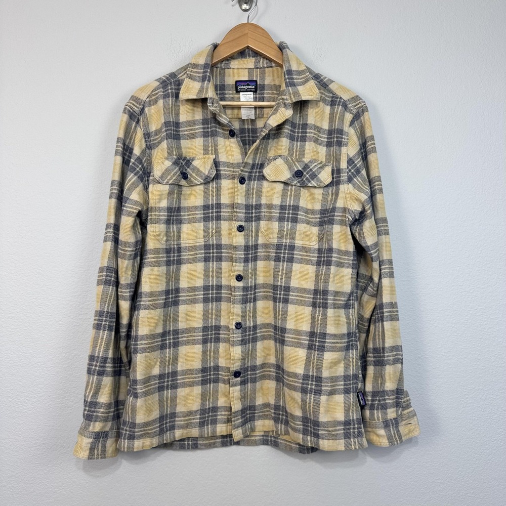 Patagonia Shirt Mens Medium Yellow Gray Plaid Flannel Organic Cotton Outdoor
